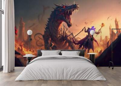 wizard stand confront dragon prepares to fight. Fantasy scenery. Generative AI Wall mural