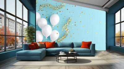 Gold confetti birthday celebration with white balloons and ribbon decor. Blue 3D design for anniversary card with isolated party decorations.  Wall mural