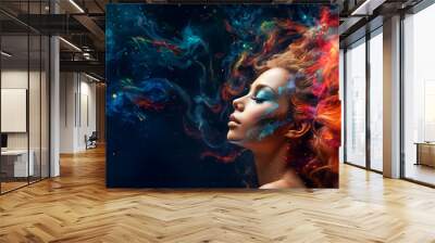 Beautiful fantasy abstract portrait of young woman With colorful digital paint splashes on empty space for text. Wall mural