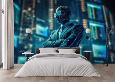 Black and blue smart cyborg robot working businessman on blurred background using USA world map interface. Wall mural