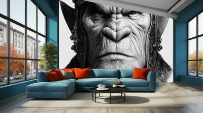 Vertical grayscale view of a crowned Goblin - The portrait of a fictional humanoid monster Wall mural