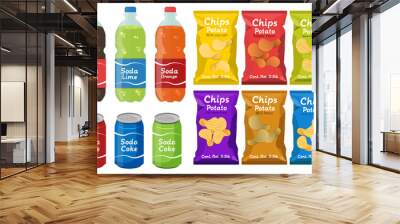 set bags of potatoes fries with soda drink snack illustration fast food vector Wall mural