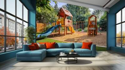 A Warm and Welcoming Backyard for Kids, Offering a Fun Playground Amidst a Landscape of Lawn and Trees Wall mural