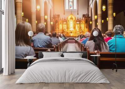 Back View of Worshippers Deep in Prayer within the Sacred Space of a Church. Generative AI Wall mural