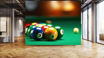 Billiard balls in a green pool table, billiard game. Generative AI Wall mural