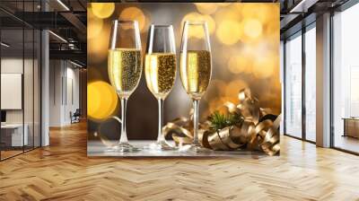 Champagne Flutes Toast the Holiday Spirit in a Dazzling Setting. Generative AI Wall mural