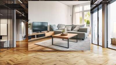 Comfortable corner couch and wooden table placed in front of modern TV set in cozy spacious lounge room, Generative AI Wall mural