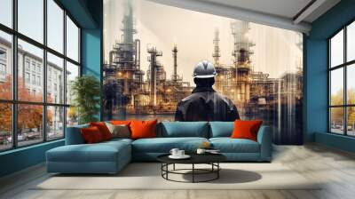 Double exposure of Engineer with oil refinery industry plant background. Generative AI Wall mural