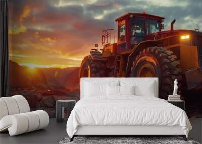 Earthmover operating on a construction site at sunset. Wall mural