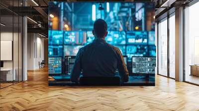 Engineer monitors multiple screens in modern industrial control room. Wall mural