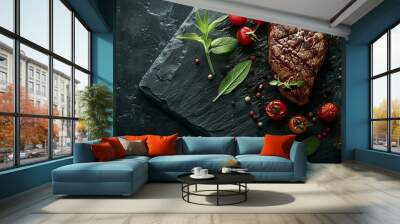 Grilled steak with herbs on slate background Wall mural