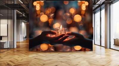 Hands Holding Candle With Shining Flame And Blurry Lights - Defocused Hope Concept, generative ai Wall mural