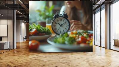 Healthy salad breakfast with clock on table Wall mural