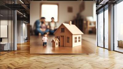 House model of family sitting on home floor, in the style of blurred background. Generative AI Wall mural