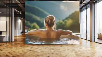 Portrait of woman at hot tub during enjoying traveling moment vacation, against the background of green big mountains. Generative AI Wall mural