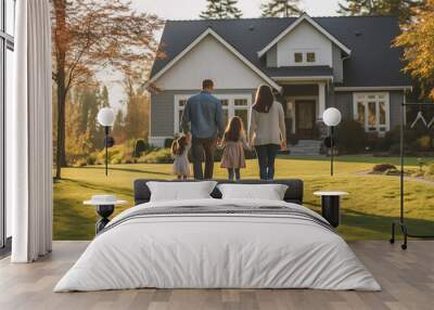 Rear View, Young family looking at their new home standing, real estate purchase, Generative AI Wall mural