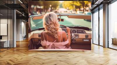 Rear view woman in a riding in a classic car, in the style of vibrant airy scenes, pink and beige, Generative AI Wall mural