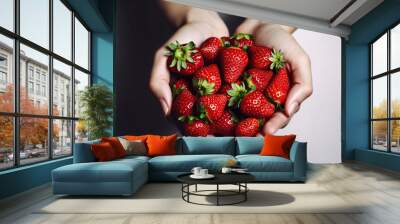 Ripe local produce organic strawberry. Young woman holding heap of red berries in hands. Top View, Clean eating concept. Generative AI Wall mural