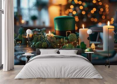 St. Patrick's Day Celebration Table Decorated with Shamrocks and Candles Wall mural