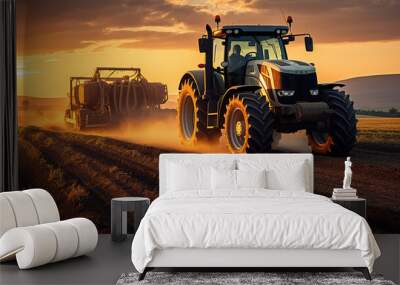 Tractor drives across large field making special beds for sowing seeds into purified soil. Agricultural vehicle works at sunset in countryside. Generative AI Wall mural