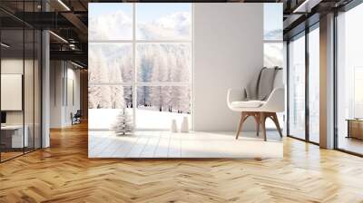 White room with chair and winter landscape in window. Scandinavian interior design. 3D illustration. Generative AI Wall mural