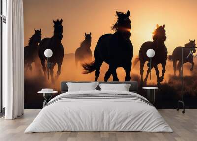 Wide - angle photo portrait silhouette of horses running on plains, the sun is setting, silhouette of running stallions, wild horses running, dusk and sunset, Generative AI Wall mural