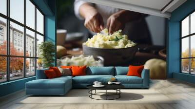 Woman preparing tasty mashed potatoes on light background, AI Generative Wall mural