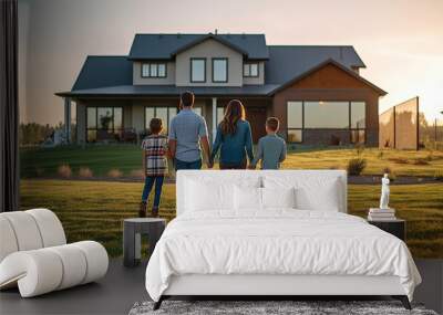 Young family looking at their new home standing with their backs, real estate purchase, Generative AI Wall mural