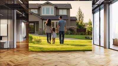 Young family looking at their new home standing with their backs, real estate purchase Wall mural