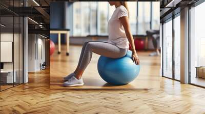 Young woman sitting on stability ball in physio room of medical center doing physical exercise for healthy fit back with professional physiotherapist. Wall mural