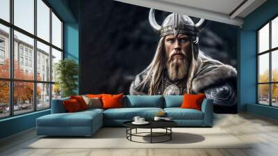 Portrait of a viking warrior with horned helmet Wall mural