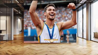 Triumphant athlete celebrates olympic gold medal with radiant smile. Stadium crowd in the background Wall mural