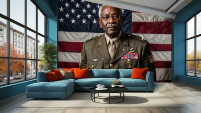 Veterans Day. Elderly african american man dressed in military uniform with medals on his chest standing in front of an American flag Wall mural