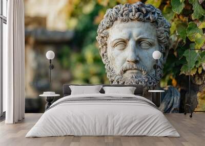 Ancient roman bust showing stoic facial expression in garden setting Wall mural