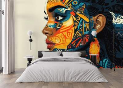 Beautiful black woman with colorful face paint posing in profile Wall mural