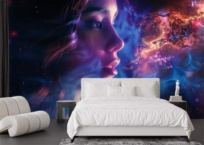 Beautiful fantasy abstract portrait of a beautiful woman double exposure with a colorful digital paint splash or space nebula Wall mural