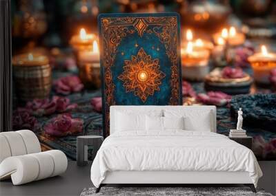 Blue oracle card deck standing on a decorated surface surrounded by lit candles Wall mural