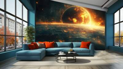 Burning planet exploding with lava and magma in outer space Wall mural