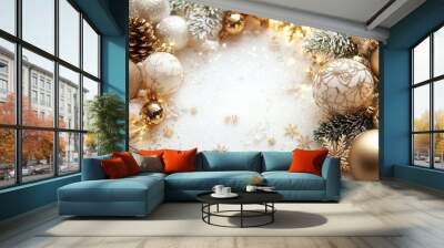 Christmas background featuring white and gold ornaments creating copy space Wall mural