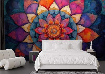 Colorful mandala pattern shining on blue texture background Wall mural