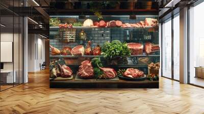 Composition of meat in the butcher shop in the display cabinet Wall mural