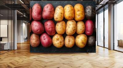 Different potato varieties lying on dark stone background Wall mural