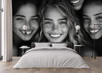 Four beautiful women smiling together showing white teeth Wall mural