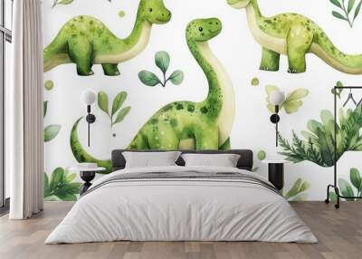 Green cartoon dinosaurs walking on a white background Wall mural