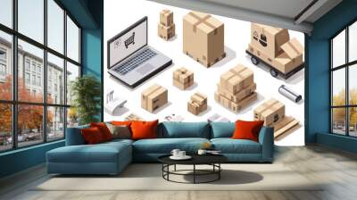 Logistic company delivering cardboard boxes using laptop, truck and trolley Wall mural