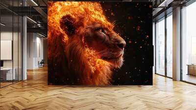 Majestic lion with fiery mane looking up with pride Wall mural