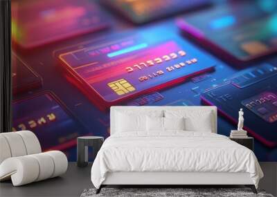 Many credit cards lying on dark surface are glowing in warm light Wall mural