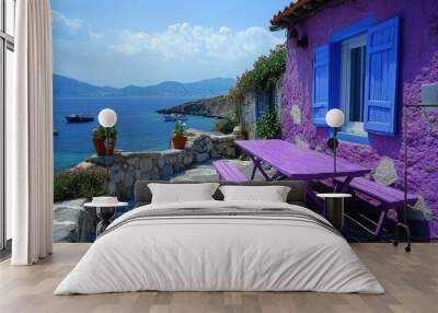 Picturesque house overlooking the aegean sea with island in background Wall mural