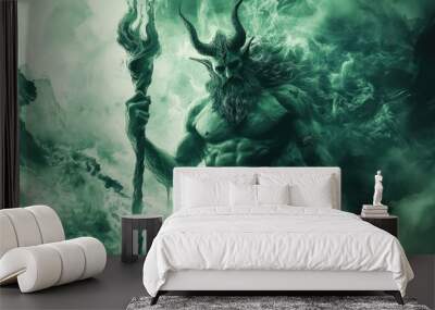 Powerful demon holding wooden staff with fire on top standing in a green storm cloud Wall mural