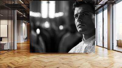 Priest standing in church looking upwards in black and white Wall mural